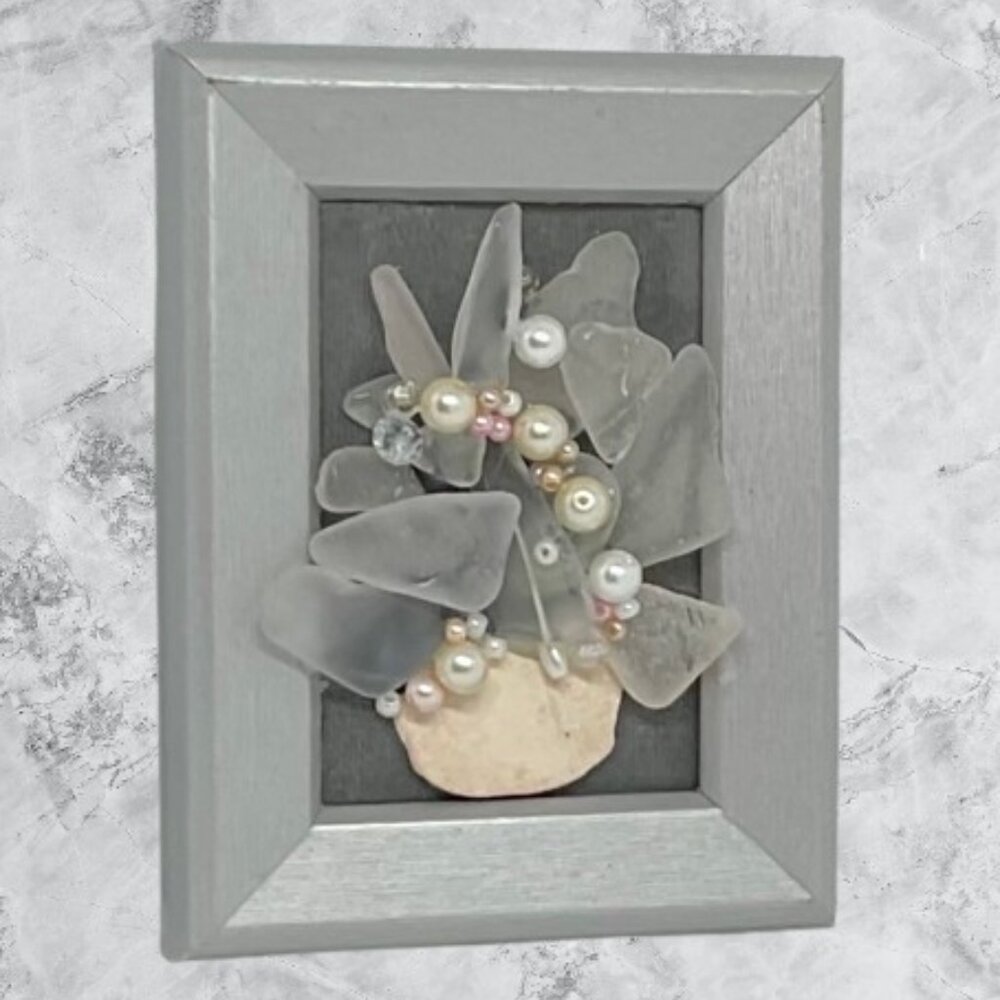Coastal Chic Sea Glass Decor Gray Velvet Framed Art